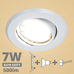 LED szpot szett: fehér bill. keret + 7 Wattos, meleg fehér GU10 LED lámpa + GU10 csatlakozó (kettesével rendelhető)