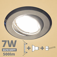 LED szpot szett: mattkróm bill. keret + 7 Wattos, meleg fehér GU10 LED lámpa + GU10 csatlakozó (kettesével rendelhető)