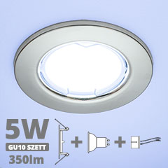 LED szpot szett: króm keret + 4.5 Wattos, hideg fehér GU10 LED lámpa + GU10 csatlakozó (kettesével rendelhető)