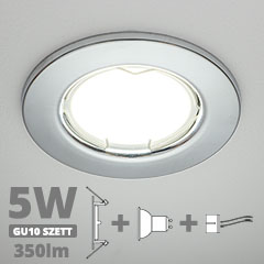 LED szpot szett: króm keret + 5 Wattos, természetes fehér GU10 LED lámpa + GU10 csatlakozó (kettesével rendelhető)