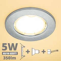 LED szpot szett: mattkróm keret + 5 Wattos, meleg fehér GU10 LED lámpa + GU10 csatlakozó (kettesével rendelhető)