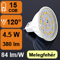 LED lámpa MR16 (COB5630x15/4.5W/120°) meleg fényű