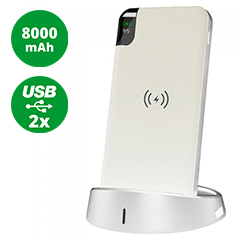 PowerBank Dock LED lámpával, vezeték nélkül töltés (2xUSB) fehér - 8000 mAh