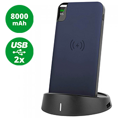 PowerBank Dock LED lámpával, vezeték nélkül töltés (2xUSB) kék - 8000 mAh