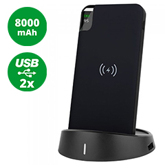 PowerBank Dock LED lámpával, vezeték nélkül töltés (2xUSB) fekete - 8000 mAh