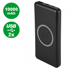 PowerBank külső akku vezeték nélkül töltés Slim (2xUSB) fekete - 10000 mAh