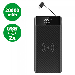PowerBank DiodeWRL - beépített kábel és LED lámpa, vezeték nélkül töltés (2xUSB) fekete - 20000 mAh