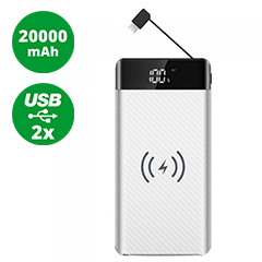 PowerBank DiodeWRL - beépített kábel és LED lámpa, vezeték nélkül töltés (2xUSB) fehér - 20000 mAh