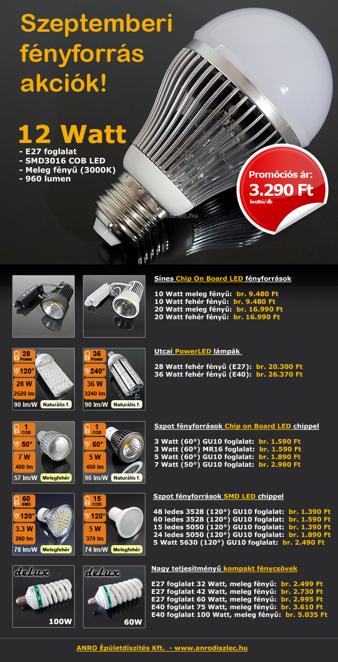 Szeptemberi fényforrás akciók - COB és SMD LED, illetve nagy teljesítményű kompakt fénycsövek Szeptemberi fényforrás akciók - COB és SMD LED, illetve nagy teljesítményű kompakt fénycsövek