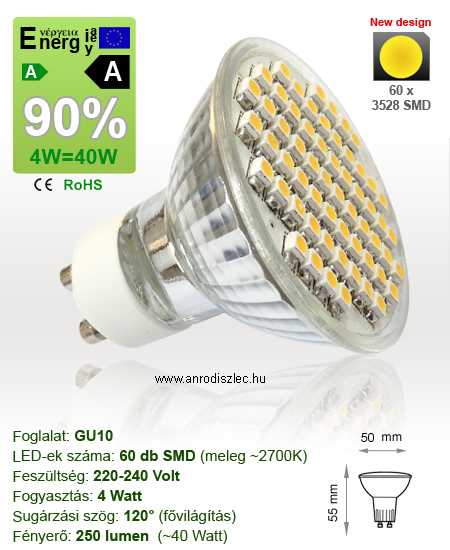 x.LED lámpa GU10 (SMD3528x60/4W/120°) meleg fehér