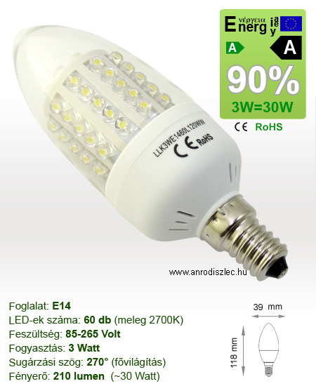 Végkiárusítás: LED lámpa E14 (60 LED) 3W meleg