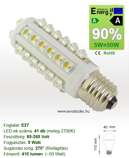 x.LED lámpa E27 (SuperFluxLEDx41/5W/270°) meleg fehér