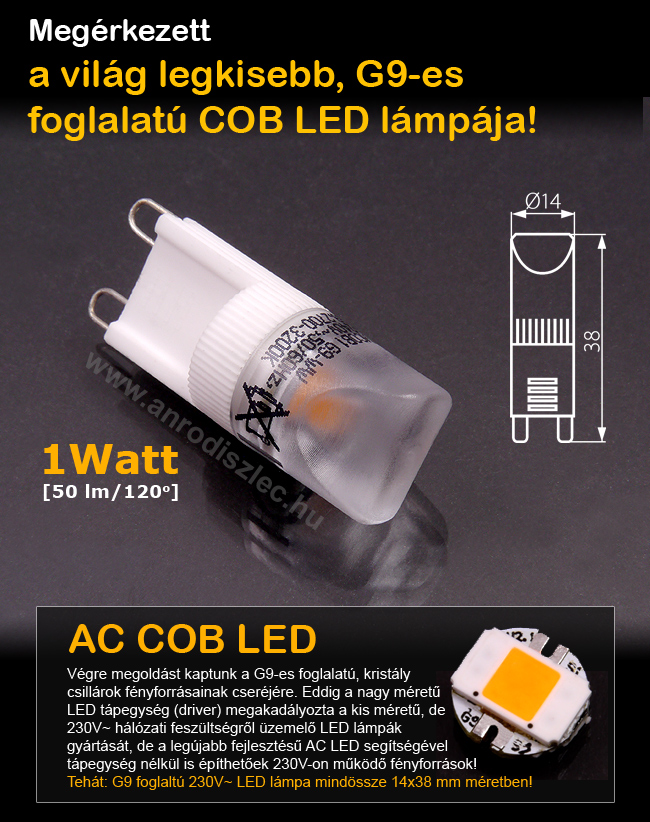 x. LED lámpa G9 (COB LED/1W/120°) meleg fehér