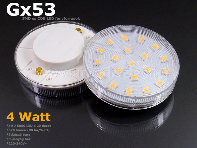LED lámpa Gx53 (SMD5050x20/4W/120°) meleg fehér