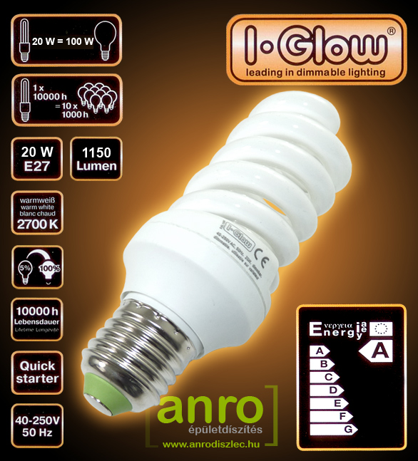 IGlow Spirál kompakt fénycső E27/20W (8.000h) Dimm!