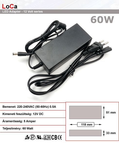 LED Adapter 12 Volt, dugvillás, (5A/60W) LoCa