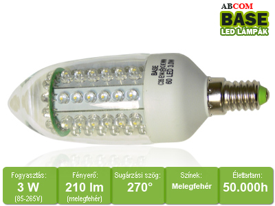 XX-LED lámpa E14 gyertya (60 LED/BS) 3W melegfehér - Készlet er.