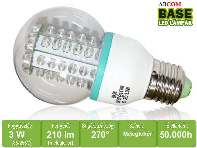 XX-LED lámpa E27 körte (60 LED/BS) 3W melegfehér - Készlet er.