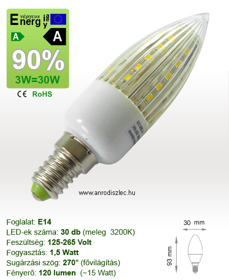 x.LED lámpa E14 (SMD3528x30/1,5W/270°) meleg fehér
