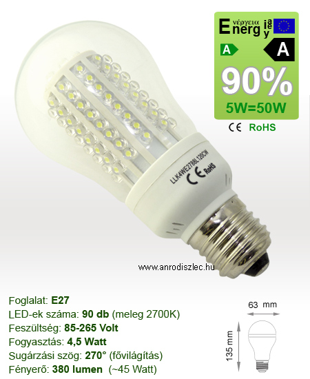 x.LED lámpa E27 (DIPx90/4.5W/270°) meleg fehér