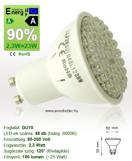 x.LED lámpa GU10 (DIPx48/2.4W/120°) meleg fehér