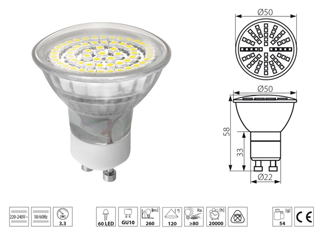 x. LED lámpa GU10 (SMD3528x60/3.3W/120°) meleg fehér -KL