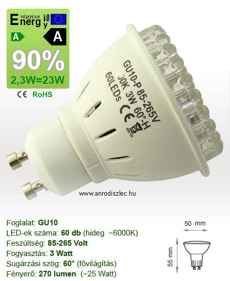 Végkiárusítás: LED lámpa GU10 (60 LED/60°) 3W hideg