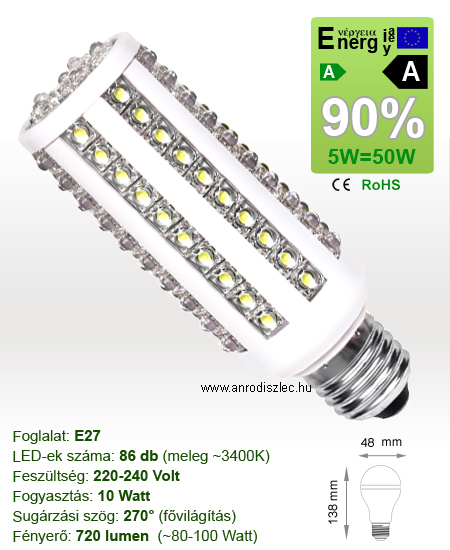 x. LED lámpa E27 (SuperFluxLEDx86/10W/270°) meleg fehér