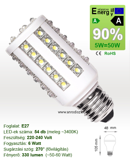 x. LED lámpa E27 (SuperFluxLEDx54/6W/270°) meleg fehér
