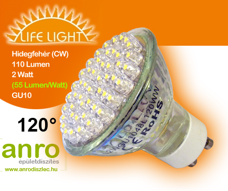 VKÁ. LED lámpa GU10 spot (48 LED/110 lumen) 2W hideg fehér