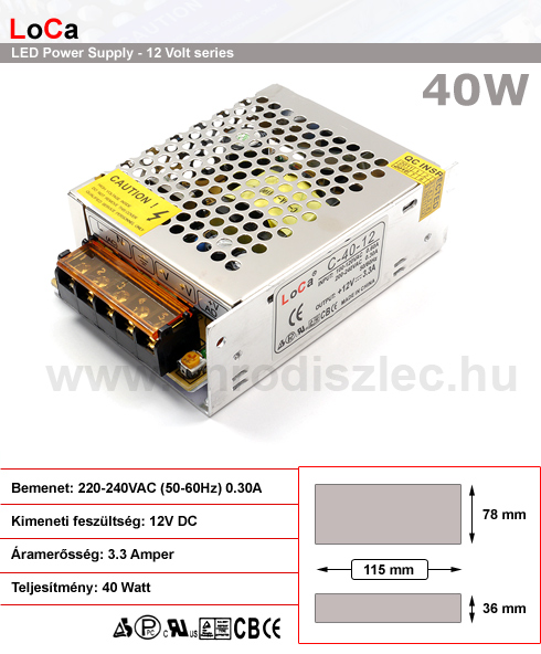 LED tápegység 12 Volt, ipari (40W/3.3A) LoCa