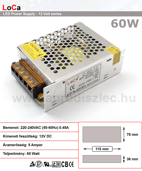 LED tápegység (060) 12 Volt, ipari (5A/60W) LoCa