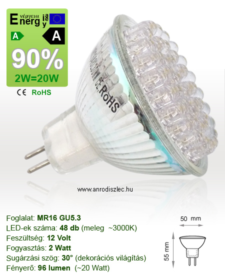 x.LED lámpa MR16 (DIPx48/2W/60°) meleg fehér