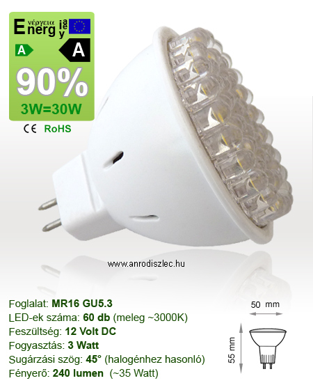 x.LED lámpa MR16 (DIPx60/3W/60°) meleg fehér