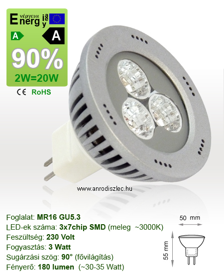 x.LED lámpa MR16 (SMD/3W/90°) meleg fehér -Ledmaster