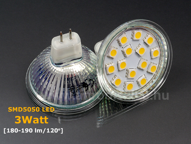 LED lámpa MR16 (SMD5050x15/3W/120°) meleg fehér