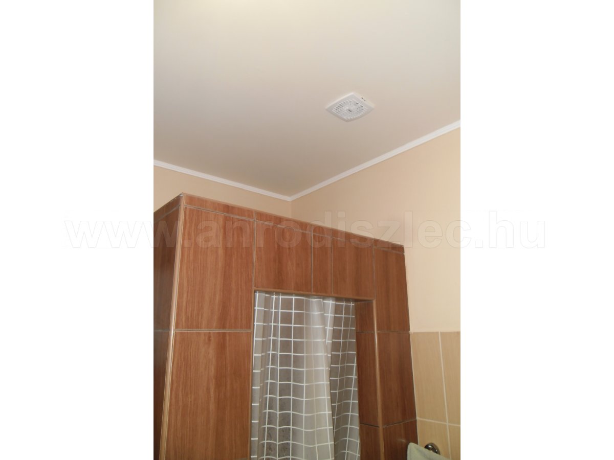 Fa mintás csempével burkolt zuhanyfülke, felette ventilátor