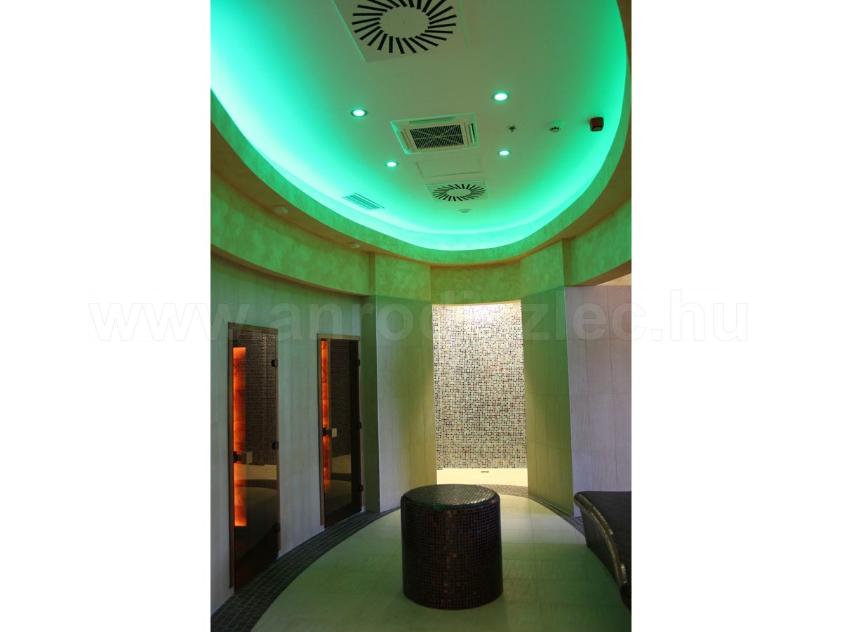Wellness pihenőtér ovális alakú álmennyezettel, benne RGB szalag
