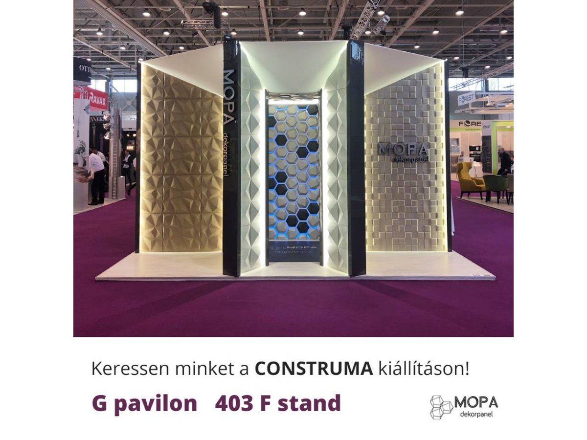 Mopa pavilon a Construma kiállításon: a led világítás kiemeli a falpanelek textúráját