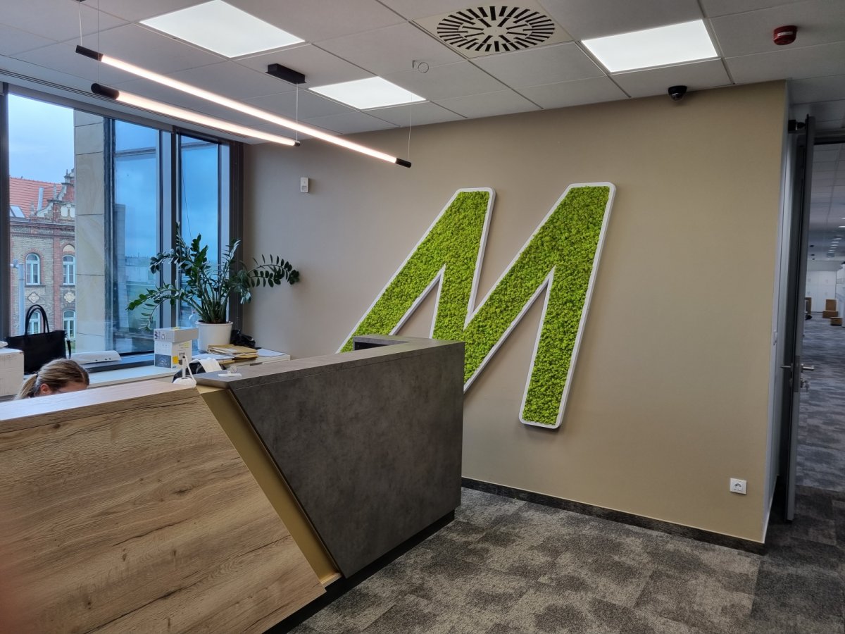 Dekoratív és modern iroda egyszerű stílusban: elegáns LED világítás, egyedi zuzmós logó, egyedi recepciós pult